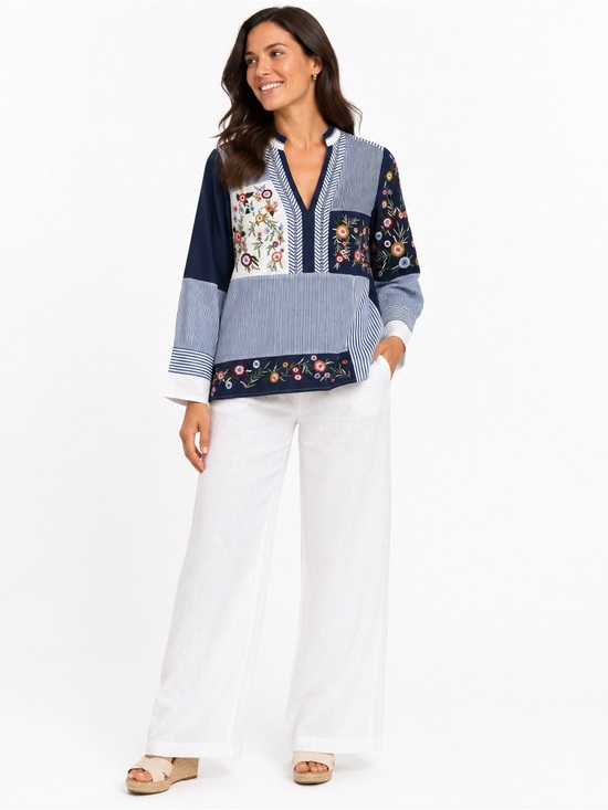 Chico's Tops - Chico’s Embroidered Floral Striped Patchwork Boho Peasant Blouse Size 2P